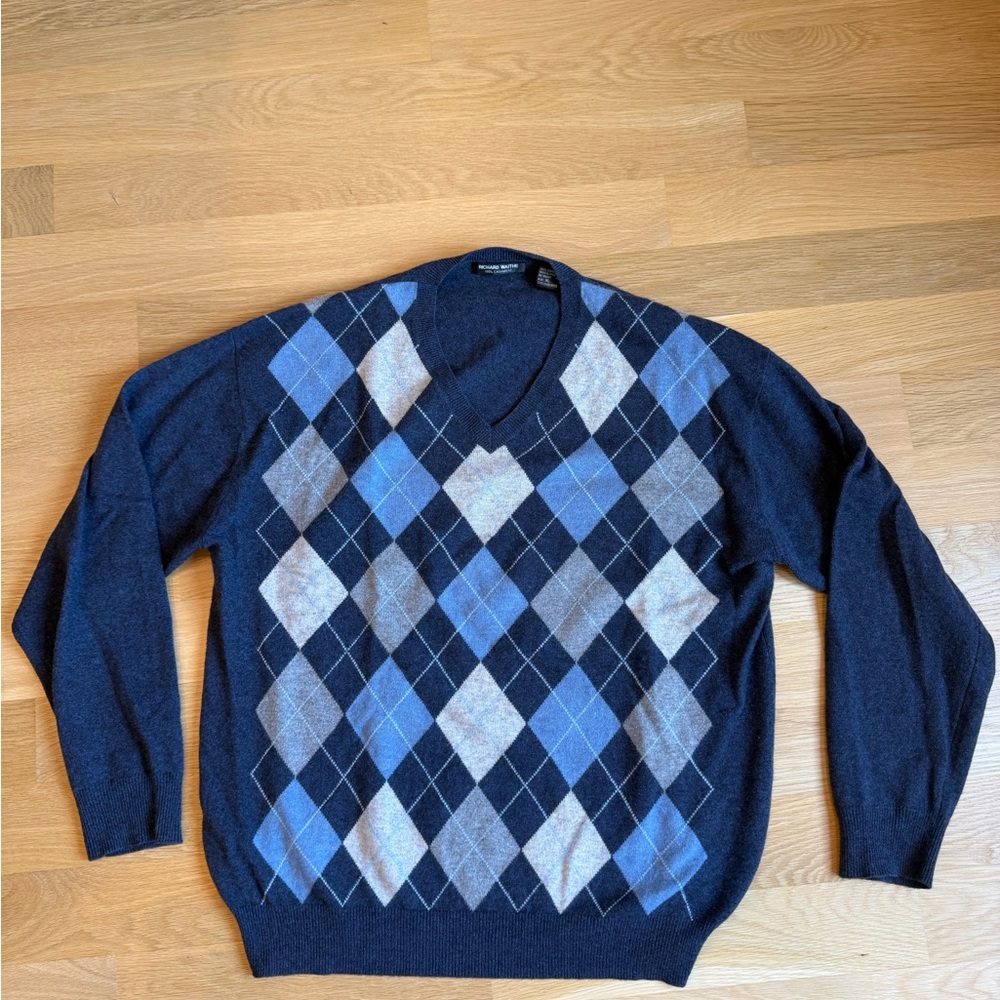 Men's XL Richard Waithe 100% Cashmere Argyle Sweater - Navy, Light Blue, Gray